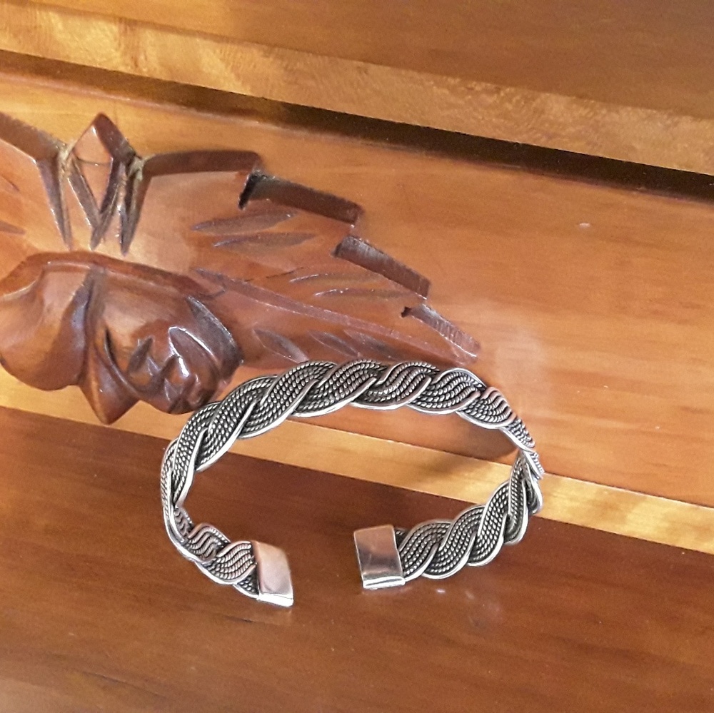 VTG. STERLING UNISEX SOLID ANTIQUED BRAIDED CUFF - Picture 3 of 8